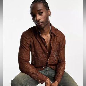ASOS DESIGN lace shirt with 70s collar in brown men’s medium